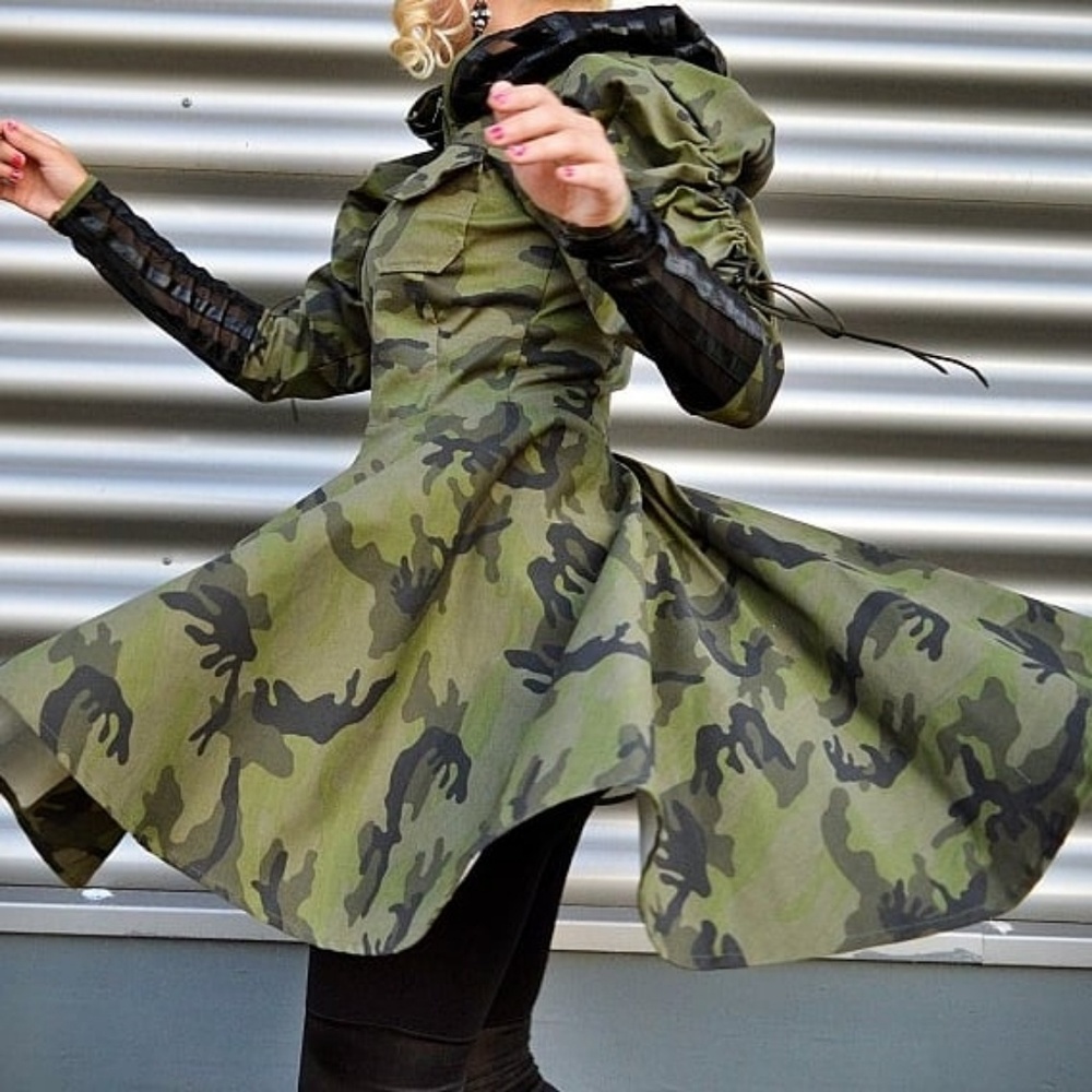 Camo and Faux Leather Midi Jacket